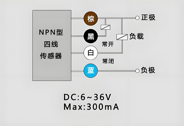 NPN型四线接近传感器接线图